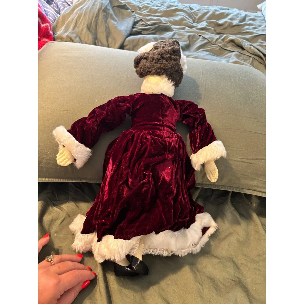 Vintage Handmade Victorian Doll Burgundy Velvet Faux Fur Dress Folk Art 18 Inch
